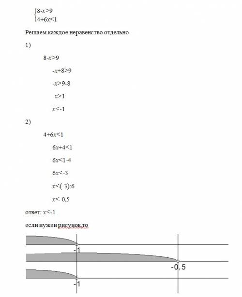 Решите систему неравенств {8-х> 9 {4+6х< 1.