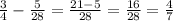 \frac{3}{4}- \frac{5}{28}= \frac{21-5}{28}= \frac{16}{28}= \frac{4}{7}