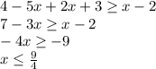 4-5x+2x+3 \geq x-2\\&#10; 7-3x \geq x-2\\&#10; -4x \geq -9\\&#10; x \leq \frac{9}{4}