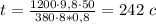 \\\\t = \frac{1200\cdot9,8\cdot50}{380\cdot 8 * 0,8}=242\ c