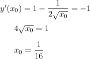 y'(x_0)=1-\dfrac{1}{2\sqrt{x_0}}=-1\\\\ ~~~~~~4\sqrt{x_0}=1\\ \\ ~~~~~~x_0=\dfrac{1}{16}