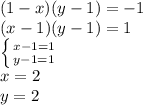 (1-x)(y-1)=-1\\&#10; (x-1)(y-1)=1\\&#10; \left \{ {{x-1=1} \atop {y-1=1}} \right. \\&#10; x=2\\&#10;y=2