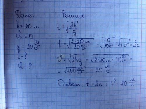 Тело брошено вертикально вниз с высоты 20 м .сколько ыремени оно будет падать и какой будет скорость