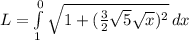 L= \int\limits^0_ 1{ \sqrt{1+ (\frac{3}{2} \sqrt{5} \sqrt{x} ) ^{2}} } \, dx