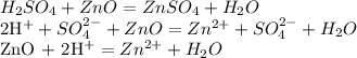 H_2SO_4 + ZnO = ZnSO_4 + H_2O&#10;&#10;2H^+ + SO_4^{2-} + ZnO = Zn^{2+} + SO_4^{2-} + H_2O&#10;&#10;ZnO + 2H^{+} = Zn^{2+} + H_2O