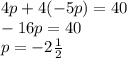 4p + 4(-5p) = 40 \\&#10;-16p = 40 \\&#10;p = - 2\frac12