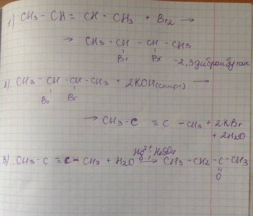 Записать уравнения реакций для осуществления превращений: бутен-2 --> 2,3-дибромбутан --> бути