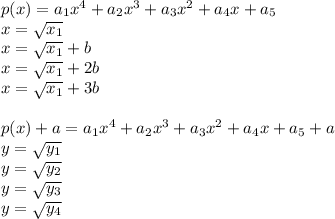 p(x)=a_{1}x^4+a_{2}x^3+a_{3}x^2+a_{4}x+a_{5}\\&#10; x=\sqrt{x_{1}}\\&#10; x=\sqrt{x_{1}}+b\\&#10; x=\sqrt{x_{1}}+2b\\&#10; x=\sqrt{x_{1}}+3b\\\\&#10; p(x)+a=a_{1}x^4+a_{2}x^3+a_{3}x^2 + a_{4}x+a_{5}+a\\&#10;y=\sqrt{y_{1}}\\&#10;y=\sqrt{y_{2}}\\&#10;y=\sqrt{y_{3}}\\&#10;y=\sqrt{y_{4}}\\\\ &#10;&#10;&#10;