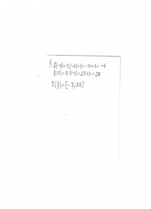 1)найдите область значения функций f(x)=5x+3 если область ее определения задана условием -2