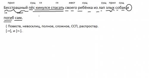 Синтаксический разбор предложения: бесстрашный пёс кинулся своего ребёнка из лап злых собак,и погиб