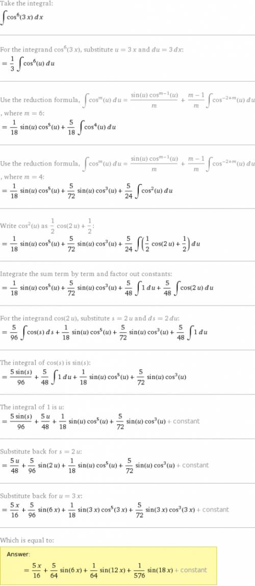 Решить неопределенный интеграл: cos^6*3x dx