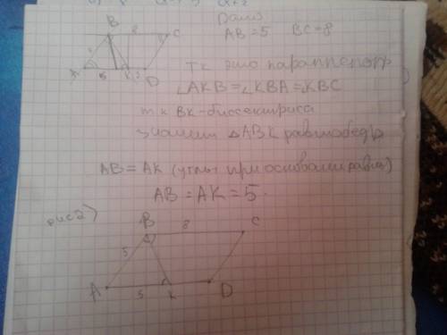 Впараллелограмме авсд стороны равны ав=5 и вс=8. биссектриса угла авс пересекает сторону ад в точке
