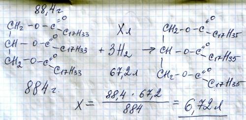 Для гидрирования триолеата массой 88.4г. нужен водород (н.у.) объёмом: а.2,24л б.3,36л в.6,72л г.8,9