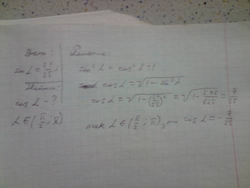 Прелестные , нужна ваша ! найдите cosα если sinα=24/25 и α принадлежит (π/2; π) добра тому, кто <