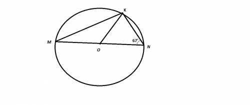 Вокружностисцентромo угол междудиаметромmnихордойnkравна67. найдите уголkmnиmok.