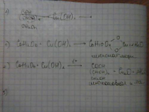 Напишите уравнение реакции взаимодействия 1)глюкозы с гидроксилом меди при нагревании 2)глюкозы с ги