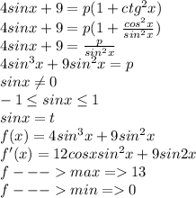 4sinx+9=p(1+ctg^2x)\\&#10;4sinx+9=p(1+\frac{cos^2x}{sin^2x})\\&#10;4sinx+9=\frac{p}{sin^2x}\\&#10;4sin^3x+9sin^2x=p\\&#10;sinx \neq 0\\&#10; -1 \leq sinx \leq 1\\&#10; sinx=t\\ &#10; f(x)=4sin^3x+9sin^2x\\&#10; f'(x)=12cosxsin^2x+9sin2x\\&#10;f---max=13\\&#10;f---min=0\\\\&#10;