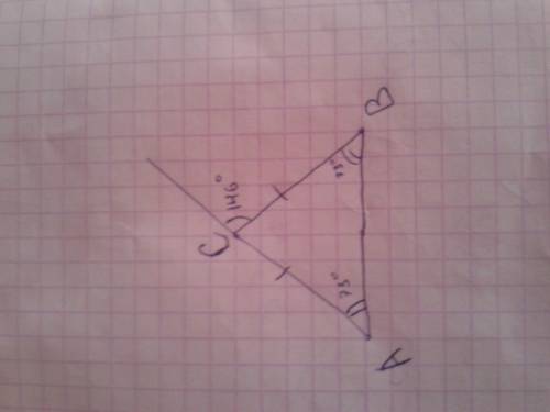 Втреугольнике abc ac=bc внешний угол при вершине с равен 146градусов. найдите угол в. ответ дайте в