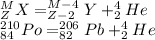 _{Z}^{M} X = _{Z-2}^{M-4} Y + _{2}^{4} He \\ _{84}^{210} Po = _{82}^{206}Pb + _{2}^{4} He