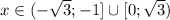 x \in (- \sqrt{3} ;-1]\cup[0;\sqrt{3} )