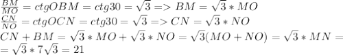 \frac{BM}{MO}=ctgOBM=ctg30=\sqrt{3}=BM=\sqrt{3}*MO \\ &#10;\frac{CN}{NO}=ctgOCN=ctg30=\sqrt{3}=CN=\sqrt{3}*NO \\ &#10;CN+BM=\sqrt{3}*MO+\sqrt{3}*NO=\sqrt{3}(MO+NO)=\sqrt{3}*MN= \\ &#10;=\sqrt{3}*7\sqrt{3}=21