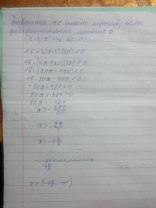 Найдите множество значений а , при которых уравнение (а+5)х²+4х-20=0не имеет корней?