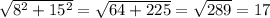 \sqrt{ 8^{2}+ 15^{2} } = \sqrt{64+225} = \sqrt{289} =17