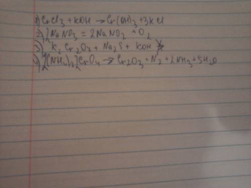 Решите реакции , буду 1)crcl3+h202+koh= 2)nano3= 3)k2cr2o7+na2s+koh= 4)(nh4)2cro4=