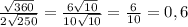 \frac{ \sqrt{360}}{2 \sqrt{250} }= \frac{ 6\sqrt{10}}{ 10\sqrt{10}} = \frac{6}{10} =0,6