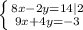 \left \{ {{8x-2y=14|2} \atop {9x+4y=-3}} \right.