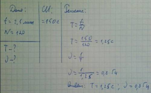 Материальная точка за 2.5 минут совершила 120 полных колебаний. определить период и частоту колебани