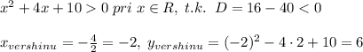 x^2+4x+100\; pri\; x\in R,\; t.k.\; \; D=16-40<0\\\\x_{vershinu}=-\frac{4}{2}=-2,\; y_{vershinu}=(-2)^2-4\cdot 2+10=6