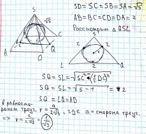Вправильную четырехугольную пирамиду sabcd вписана сфера. найдите ее радиус , если ab=2, sd=кореньиз