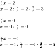 \frac{2}{3}x=2&#10;\\\&#10;x=2:\frac{2}{3}=2\cdot\frac{3}{2}=3&#10;\\\\&#10;\frac{2}{3}x=0&#10;\\\&#10;x=0:\frac{2}{3}=0&#10;\\\\&#10;\frac{2}{3}x=-4&#10;\\\&#10;x=-4:\frac{2}{3}=-4\cdot\frac{3}{2}=-6