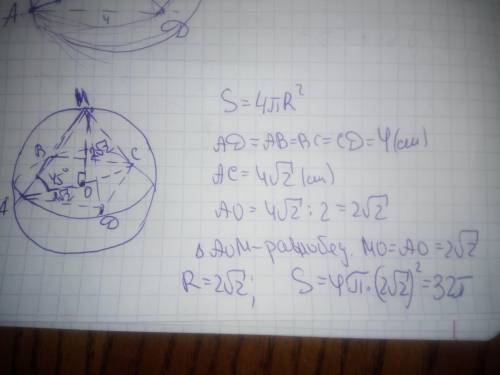 Сторона основания правильной четырехугольной пирамиды равна 4 см. боковые ребра наклонены к основани