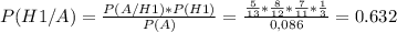 P(H1/A)= \frac{P(A/H1)*P(H1)}{P(A)}= \frac{ \frac{5}{13} * \frac{8}{12}* \frac{7}{11}* \frac{1}{3} }{0,086} = 0.632