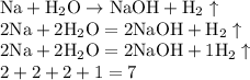 \rm&#10;Na + H_2O \rightarrow NaOH + H_2\uparrow \\&#10;2Na+2H_2O=2NaOH+H_2\uparrow \\&#10;2Na+2H_2O=2NaOH+1H_2\uparrow\\&#10;2+2+2+1=7