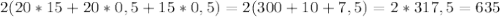 2(20*15 +20*0,5 +15*0,5) = 2(300 + 10 + 7,5) = 2*317,5 = 635