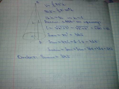 Объем конуса с радиусом основания 6 см равна 96 п см3. вычислите площадь полной поверхности конуса.