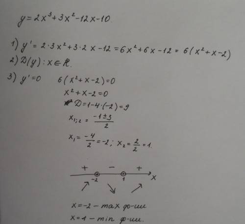 У=2х^3+3x^2-12x-10 найти производную,график ооф ,экстремум) производная функции