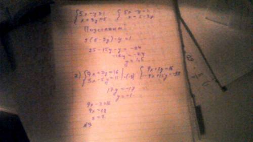 Решите систему уравнений: 1. 5x-y=1 x+3y=5 2. 9x+2y=16 3x-5y=11 3. 2x-3(2y+1)=15 3(x+1)+3y=2y-2 реши