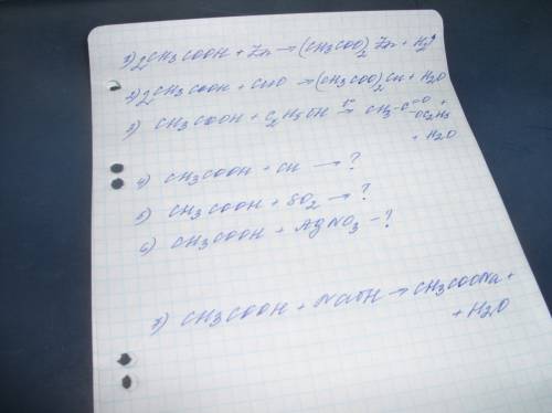 Напишите уравнения возможных реакций для уксусной кислоты 1)cuo, 2)zn, 3)c2h5oh, 4)so2, 5)agno3, 6)c