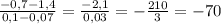 \frac{-0,7-1,4}{0,1-0,07} = \frac{-2,1}{0,03} =- \frac{210}{3} =-70