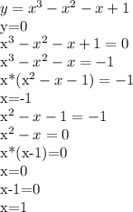 y=x^{3}-x^{2}-x+1&#10;&#10;y=0&#10;&#10;x^{3}-x^{2}-x+1=0&#10;&#10;x^{3}-x^{2}-x=-1&#10;&#10;x*(x^{2}-x-1)=-1&#10;&#10;x=-1&#10;&#10;x^{2}-x-1=-1&#10;&#10;x^{2}-x=0&#10;&#10;x*(x-1)=0&#10;&#10;x=0&#10;&#10;x-1=0&#10;&#10;x=1