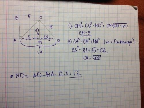 Основания прямоугольной трапеции равны 5 см и 17 см, а большая боковая сторона - 15 см. найдите мень