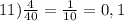 11) \frac{4}{40}= \frac{1}{10}=0,1