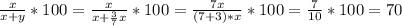 \frac{x}{x+y}*100=\frac{x}{x+ \frac{3}{7}x}*100=\frac{7x}{(7+ 3)*x}*100=\frac{7}{10}*100=70