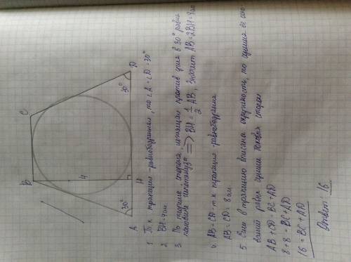 Вокруг окружности описана равнобедренная трапеция ,угол при основании которой равен 30 градусов. выс