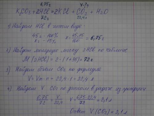 Краствору карбоната калия прибавили 45 грамм раствора 15% соляной кислоты. вычеслите объём углекисло