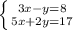 \left \{ {{3x-y=8} \atop {5x+2y=17}} \right.